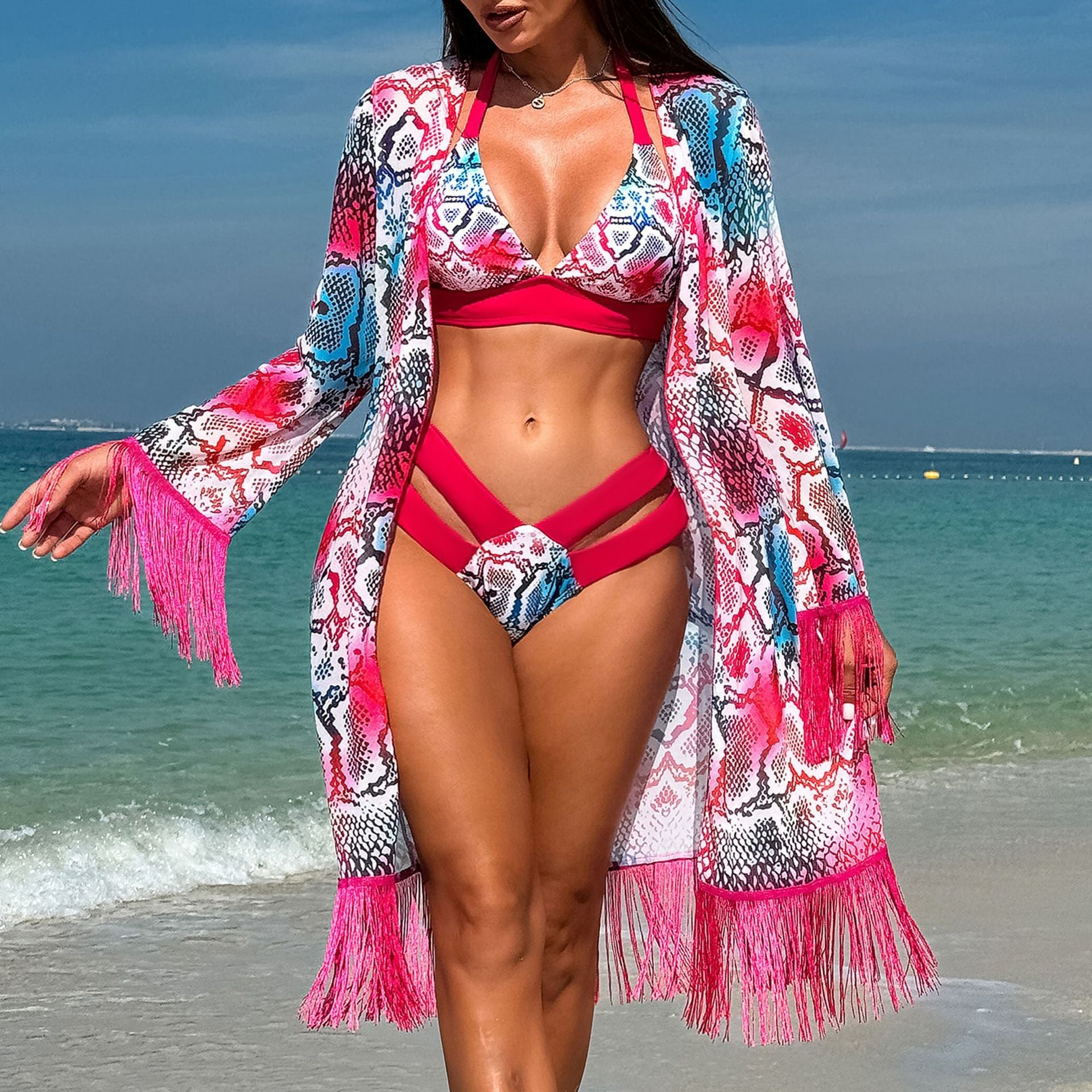 Swimsuit Women Bikini Three Piece Sets Veils Skirt Miami Tassel Swimsuit